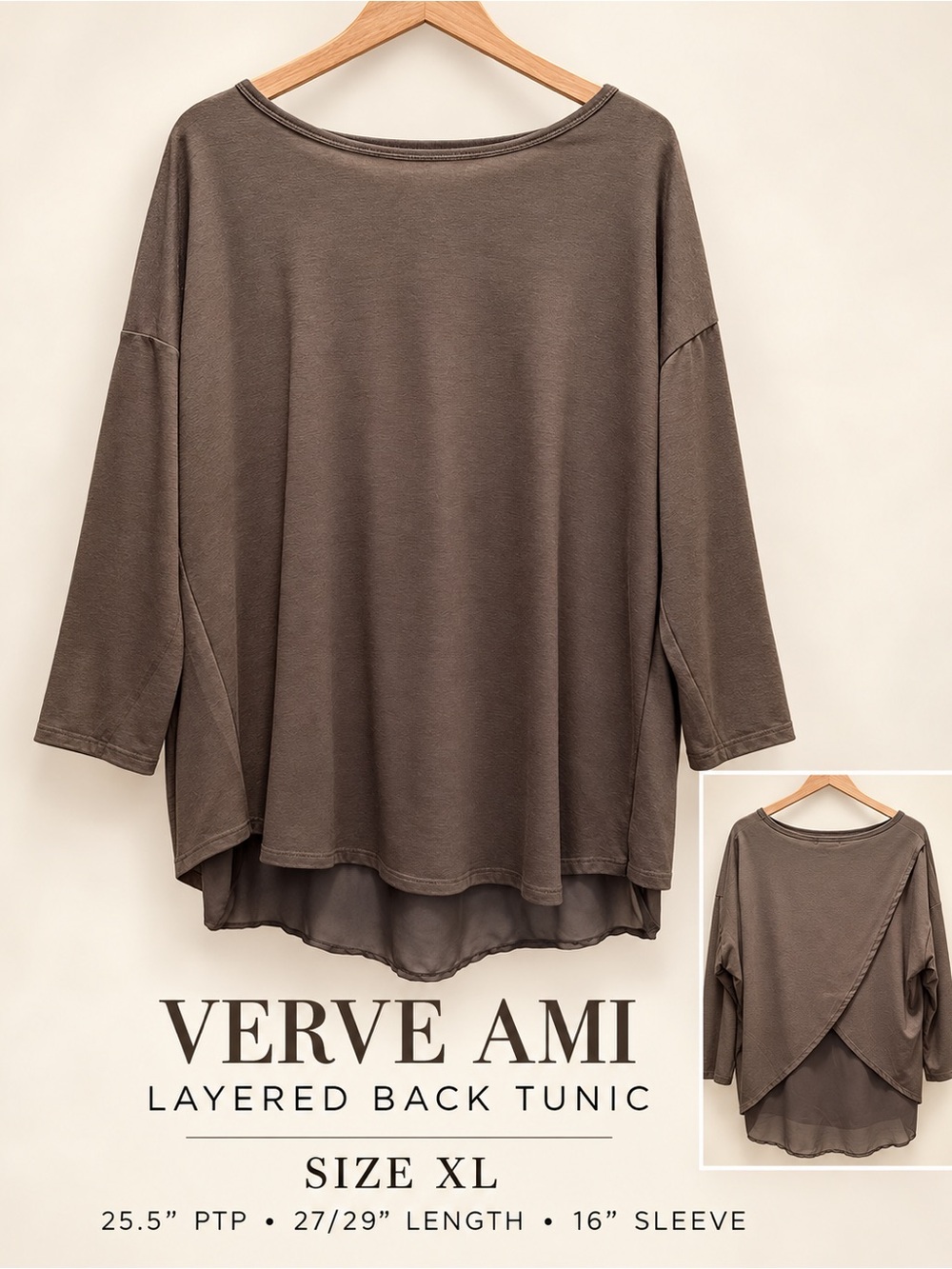 Verve Ami Taupe Layered Back Tunic Top XL 3/4 Sleeve High Low